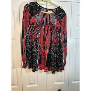 Bisou Bisou Michele Bohbot Peplum Blouse Red Black Faux Leather Lace Size XL EUC